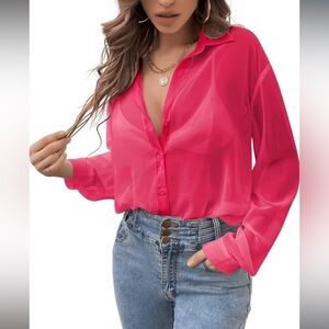 American Eagle Outfitters Sheer Crepe/Mesh Button Down Shirt in Hot Pink
